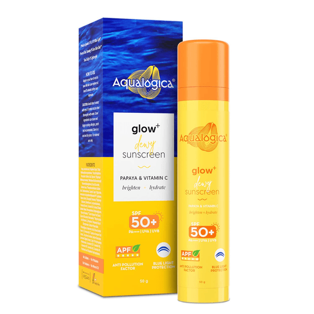 Aqualogica Glow+ Dewy Sunscreen Gel SPF 50+ PA++++ | Papaya & Vitamin C | UVA/B & Blue Light Protection | No White Cast | 50g