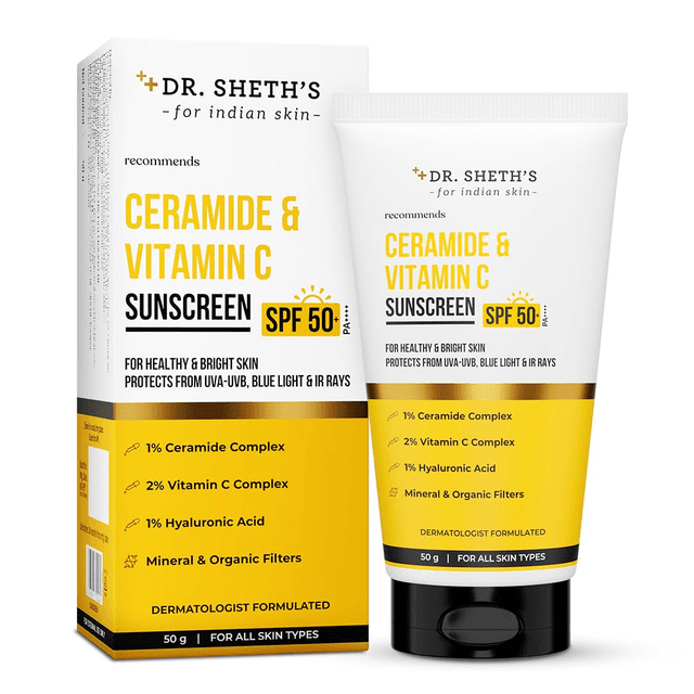 Dr. Sheth's Ceramide & Vitamin C Sunscreen SPF 50+ PA++++ | Brightening & Moisturizing | No White Cast | 50g