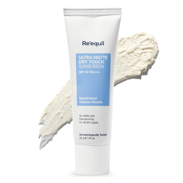 RE' EQUIL Ultra Matte Dry Touch Sunscreen SPF 50 PA++++ | Water & Sweat Resistant | Non-Comedogenic | 50g