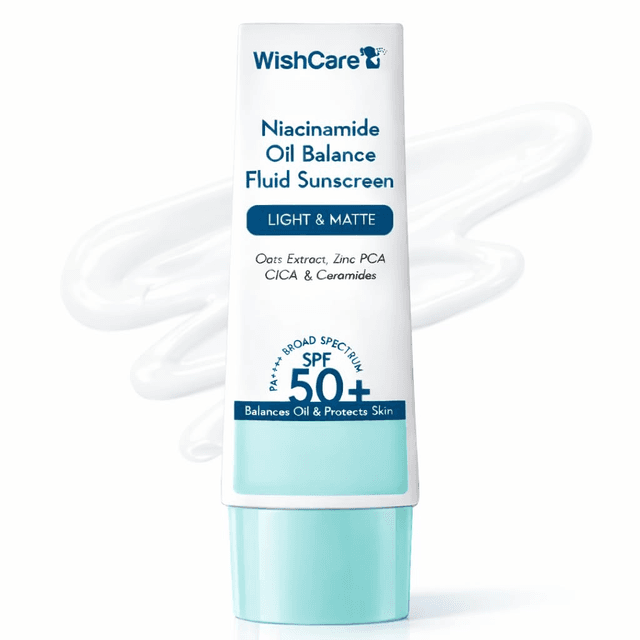 WishCare Niacinamide Oil Balance Fluid Sunscreen SPF 50 PA++++ | Matte & No White Cast | 8Hrs+ Protection | 50g